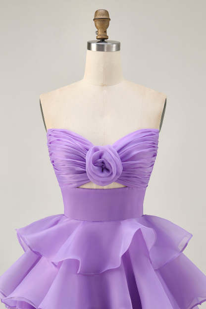 Purple Strapless A Line Short Tiered Homecoming Dress with Ruffles