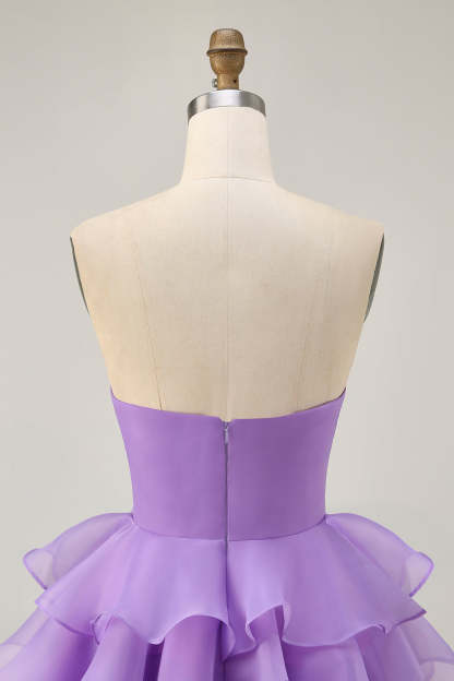 Purple Strapless A Line Short Tiered Homecoming Dress with Ruffles