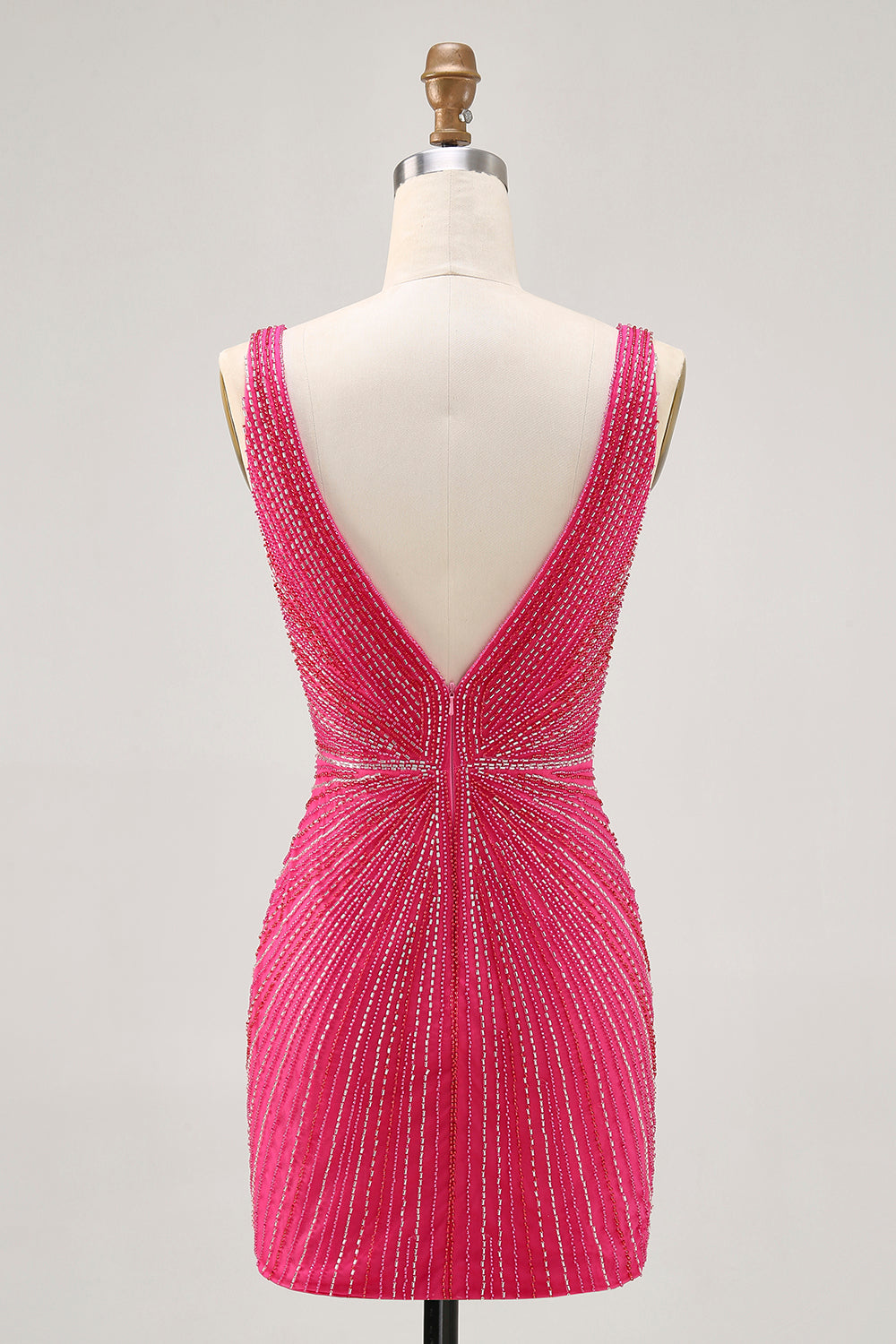 Sparkly Tight Fuchsia V-Neck Short Homecoming Dress with Beading