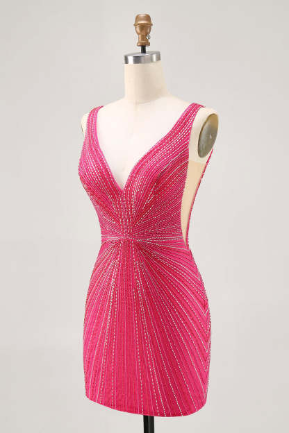 Sparkly Tight Fuchsia V-Neck Short Homecoming Dress with Beading