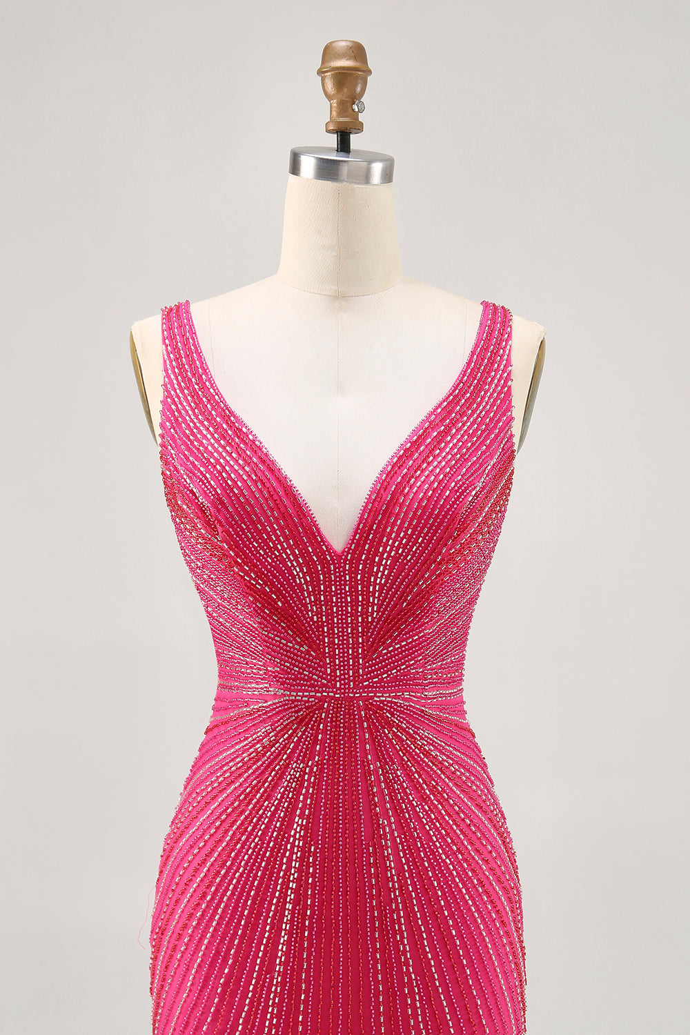Sparkly Tight Fuchsia V-Neck Short Homecoming Dress with Beading