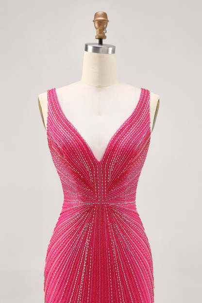 Sparkly Tight Fuchsia V-Neck Short Homecoming Dress with Beading
