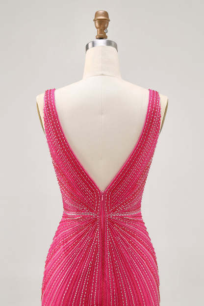 Sparkly Tight Fuchsia V-Neck Short Homecoming Dress with Beading