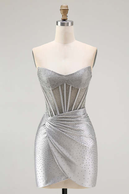 Grey Silver Beaded Tight Corset Short Homecoming Dress