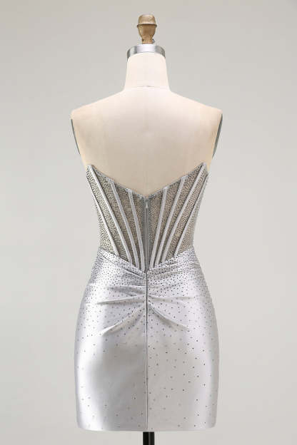 Grey Silver Beaded Tight Corset Short Homecoming Dress
