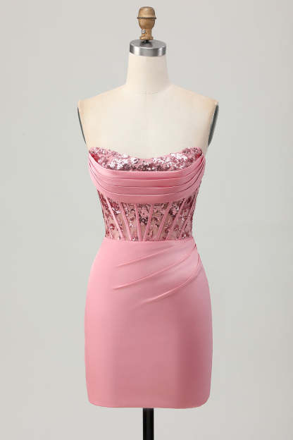 Leely Women Sparkly Blush Tight Short Corset Homecoming Dress with Sequins Strapless Ruched Satin Cocktail Dress