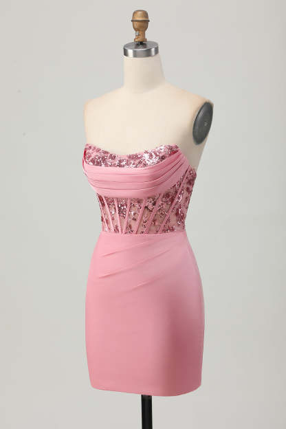 Sparkly Tight Blush Strapless Short Corset Homecoming Dress with Sequins