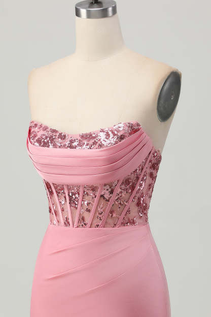 Sparkly Tight Blush Strapless Short Corset Homecoming Dress with Sequins