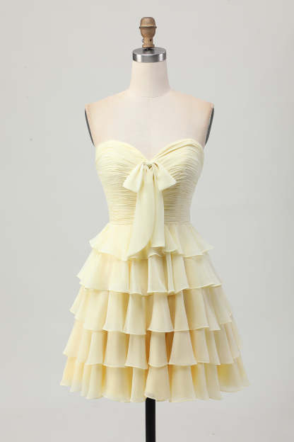 Light Yellow Sweetheart Ruffled A Line Short Homecoming Dress with Bow