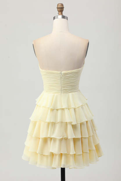 Light Yellow Sweetheart Ruffled A Line Short Homecoming Dress with Bow