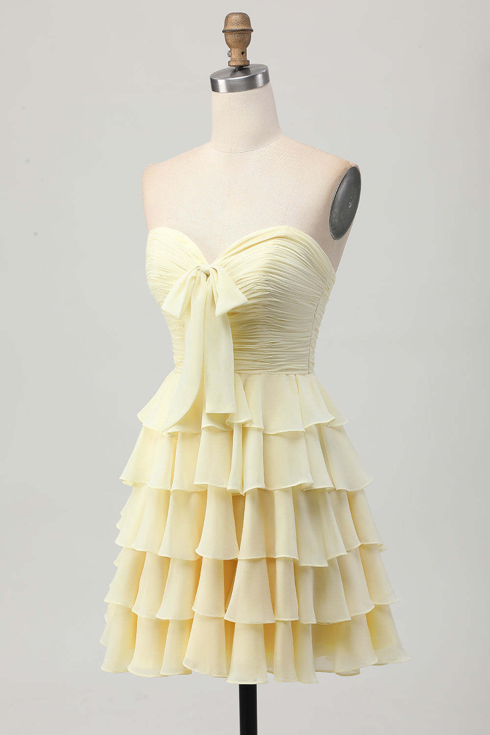 Light Yellow Sweetheart Ruffled A Line Short Homecoming Dress with Bow