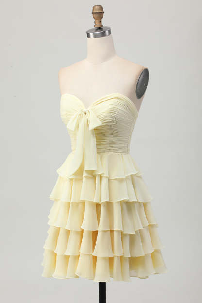 Light Yellow Sweetheart Ruffled A Line Short Homecoming Dress with Bow