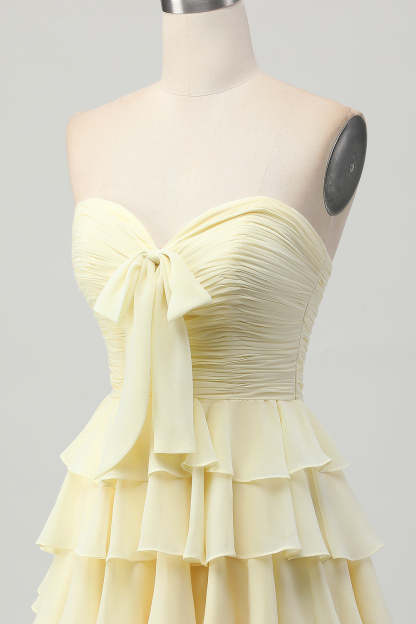 Light Yellow Sweetheart Ruffled A Line Short Homecoming Dress with Bow