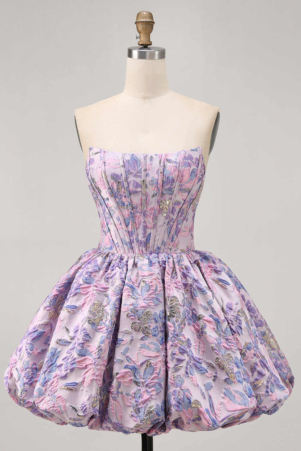 Leely Women Sparkly Purple Floral Printed Corset Homecoming Dress Strapless A Line Short Cocktail Dress