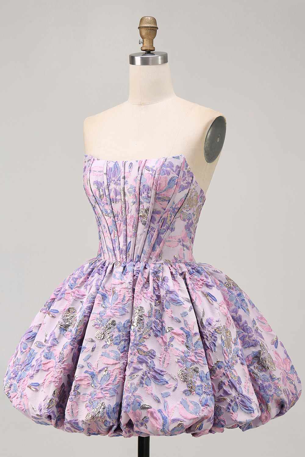 Purple Floral Printed Strapless Corset A Line Short Homecoming Dress