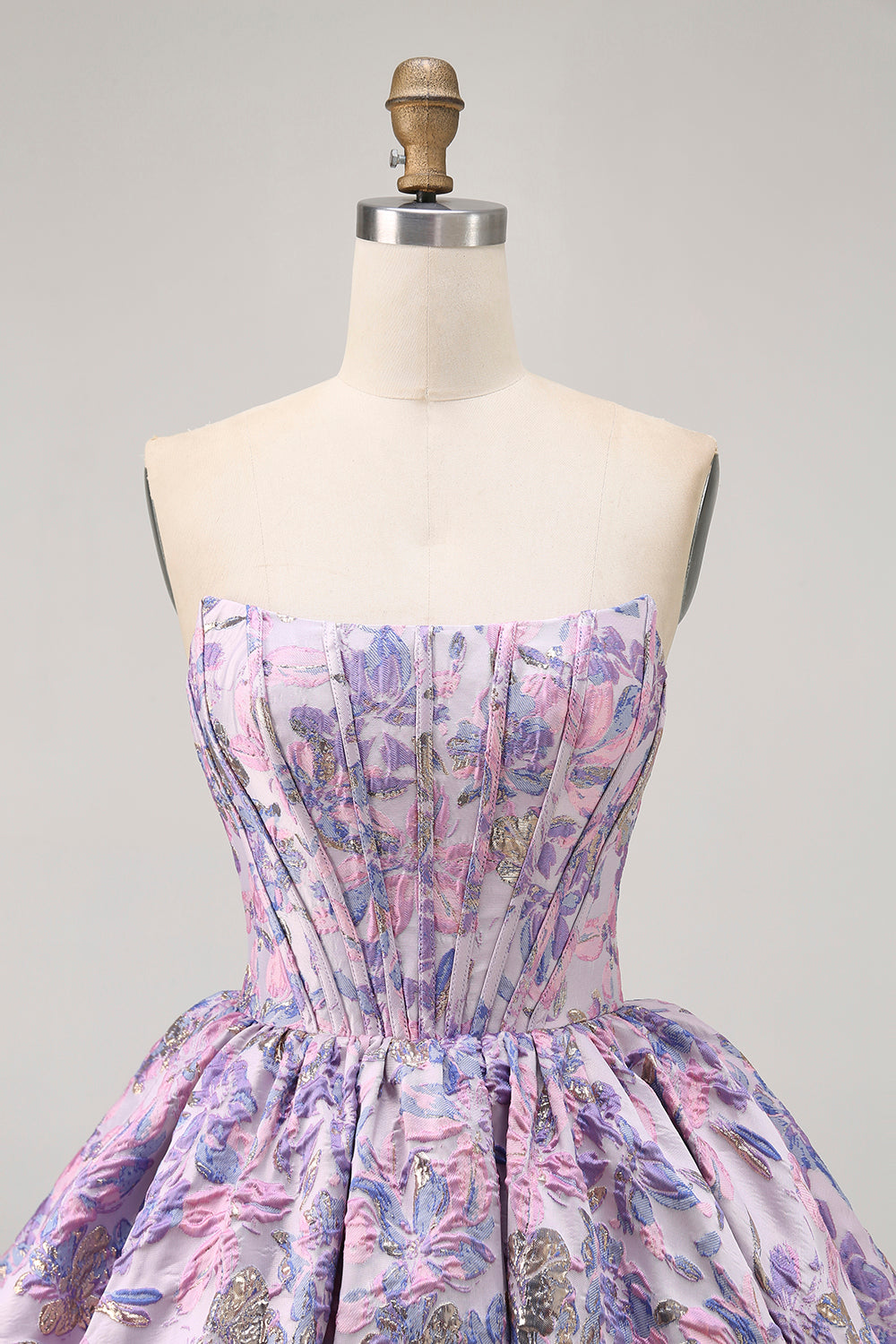Purple Floral Printed Strapless Corset A Line Short Homecoming Dress