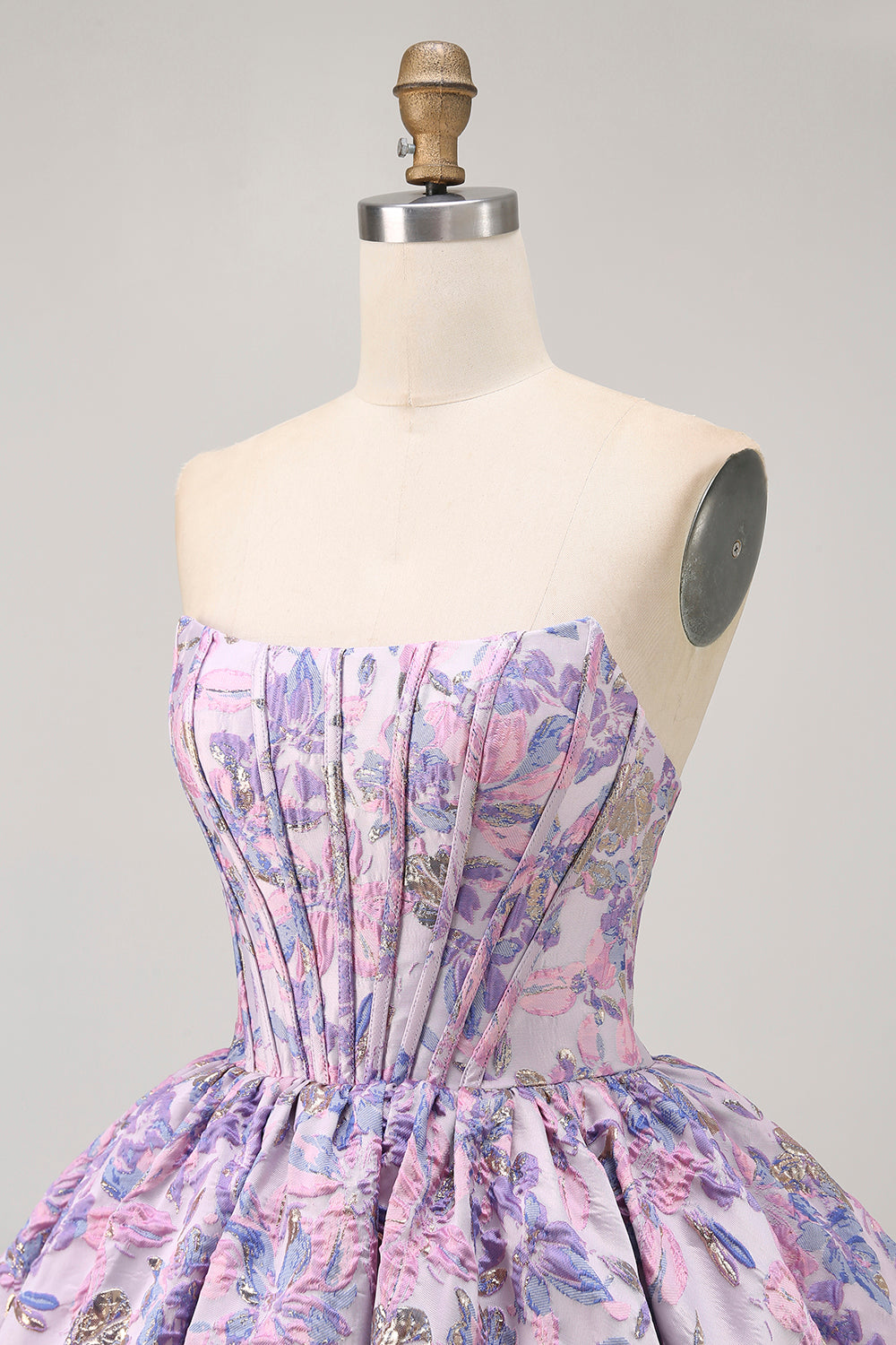 Purple Floral Printed Strapless Corset A Line Short Homecoming Dress