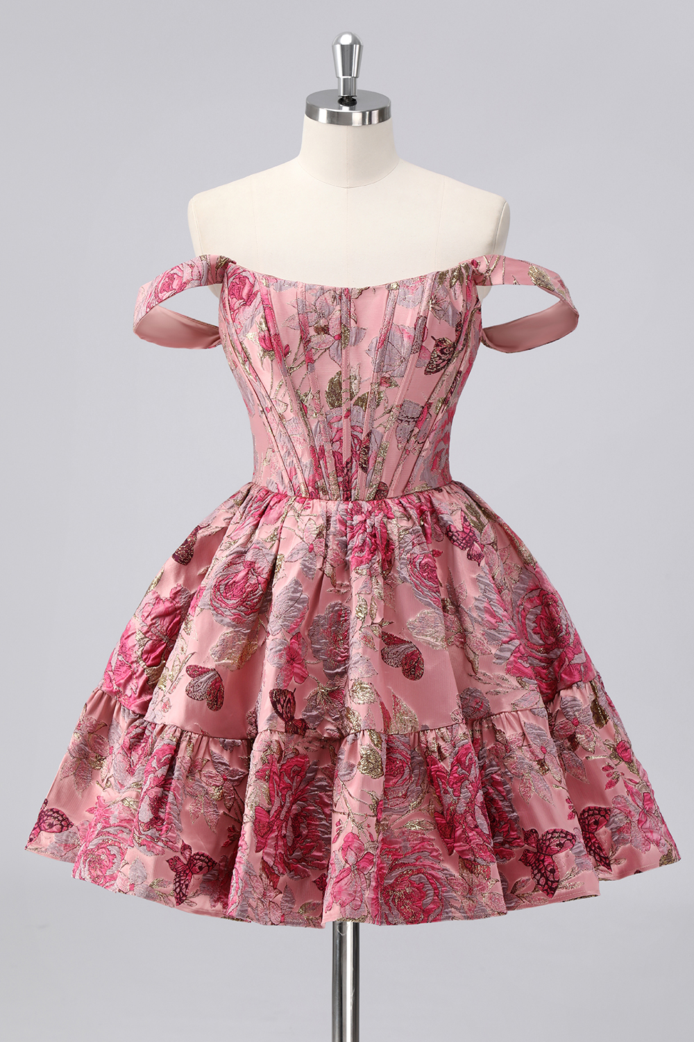 Leely Women Purple Floral Printed Short Corset Homecoming Dress Off the Shoulder A Line Lace Up Back Cocktail Dress