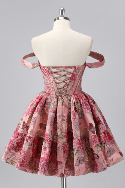Purple Floral Printed Off the Shoulder Corset Short Homecoming Dress