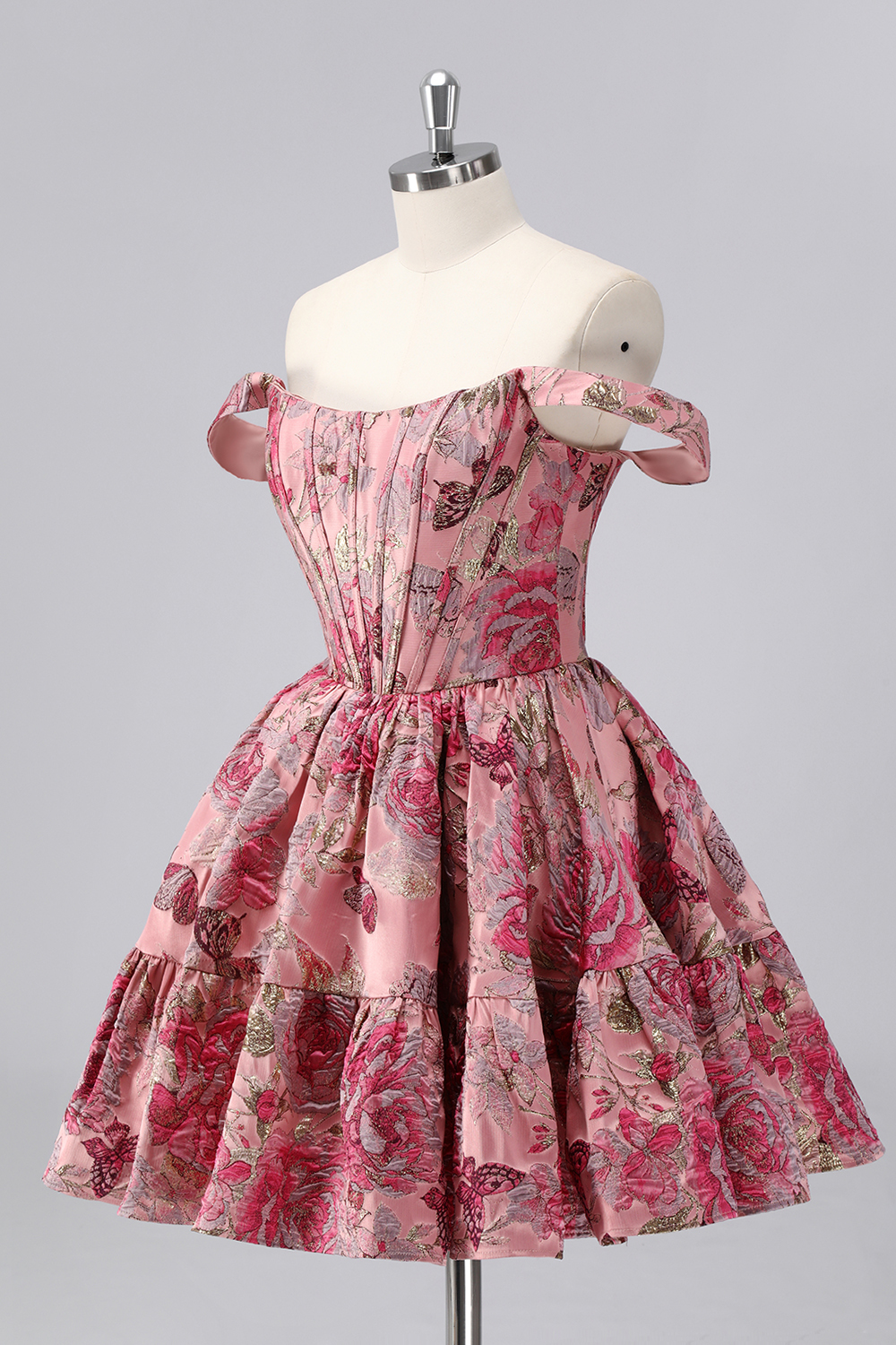 Purple Floral Printed Off the Shoulder Corset Short Homecoming Dress