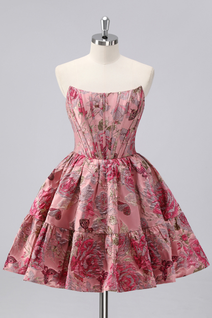 Purple Floral Printed Off the Shoulder Corset Short Homecoming Dress