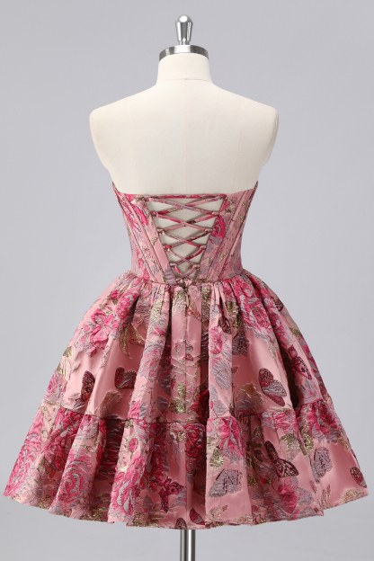 Purple Floral Printed Off the Shoulder Corset Short Homecoming Dress