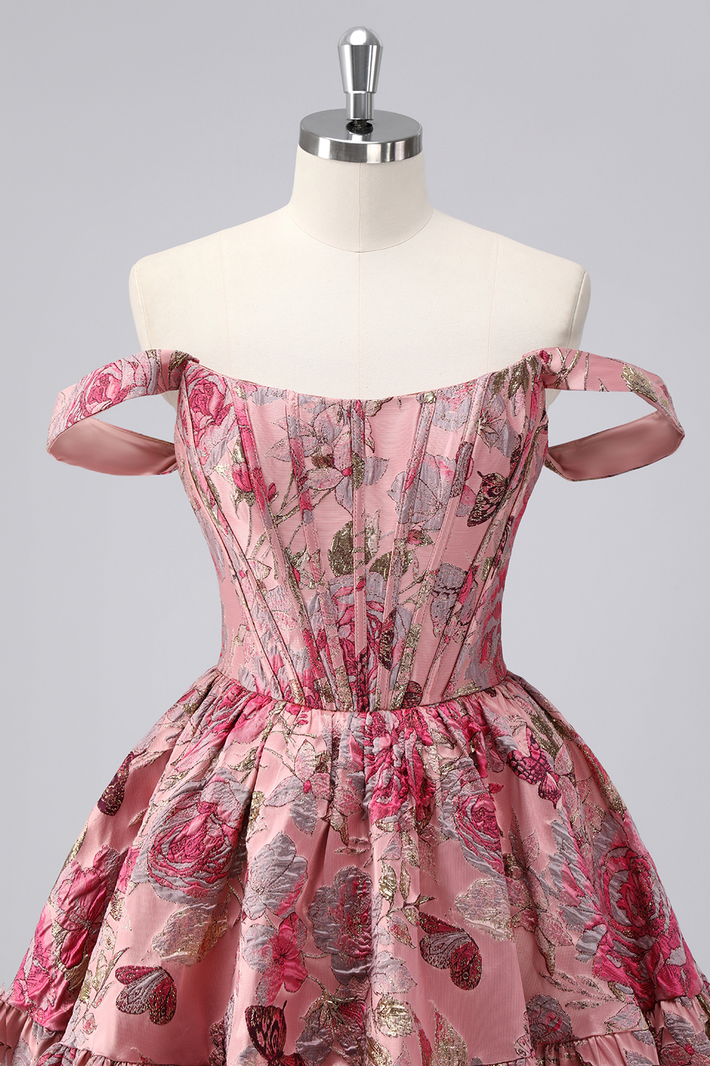 Purple Floral Printed Off the Shoulder Corset Short Homecoming Dress