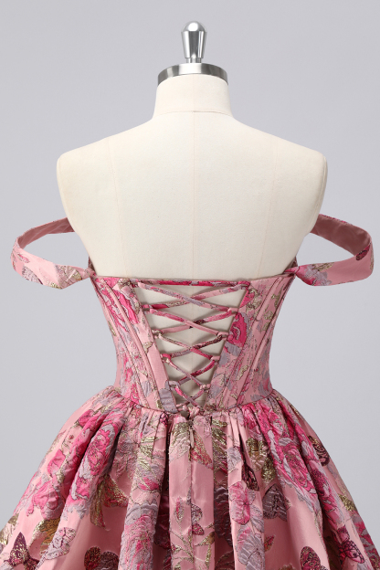 Purple Floral Printed Off the Shoulder Corset Short Homecoming Dress