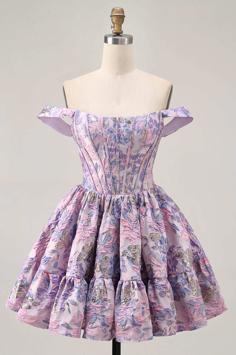 Purple Floral Printed Off the Shoulder Corset Short Homecoming Dress