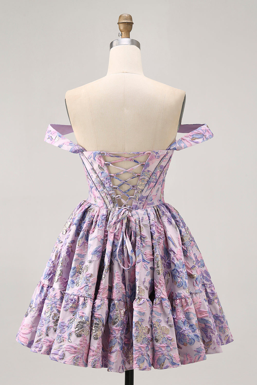 Purple Floral Printed Off the Shoulder Corset Short Homecoming Dress