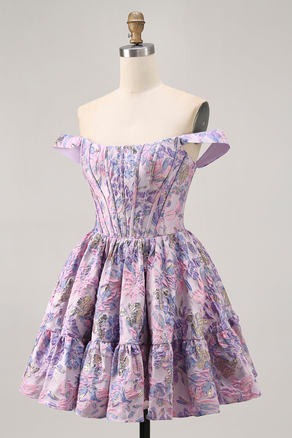 Purple Floral Printed Off the Shoulder Corset Short Homecoming Dress