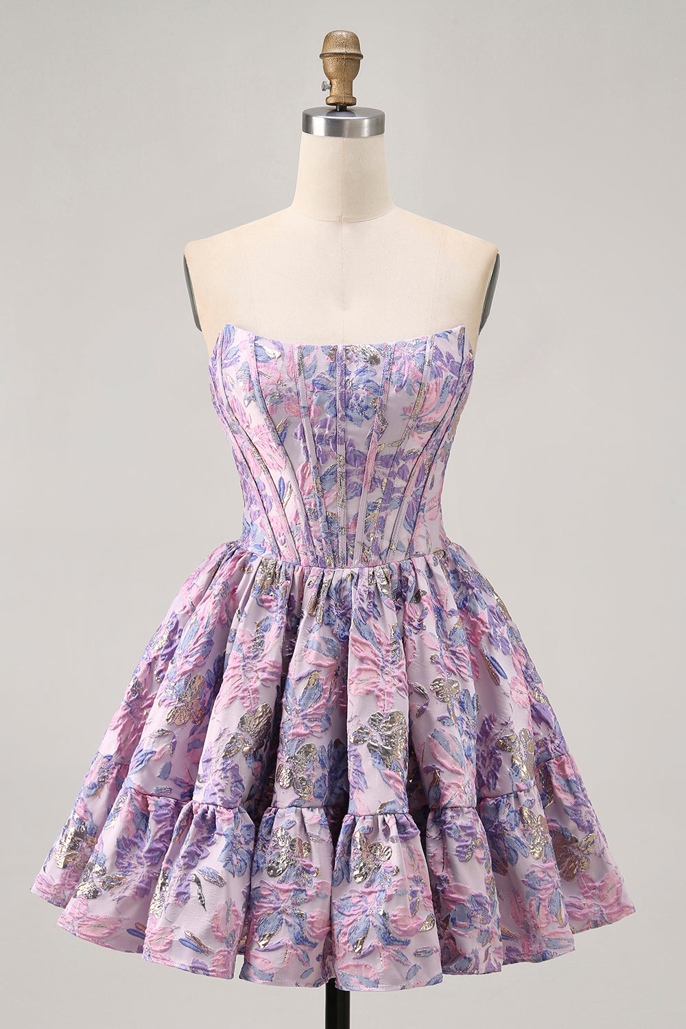 Purple Floral Printed Off the Shoulder Corset Short Homecoming Dress