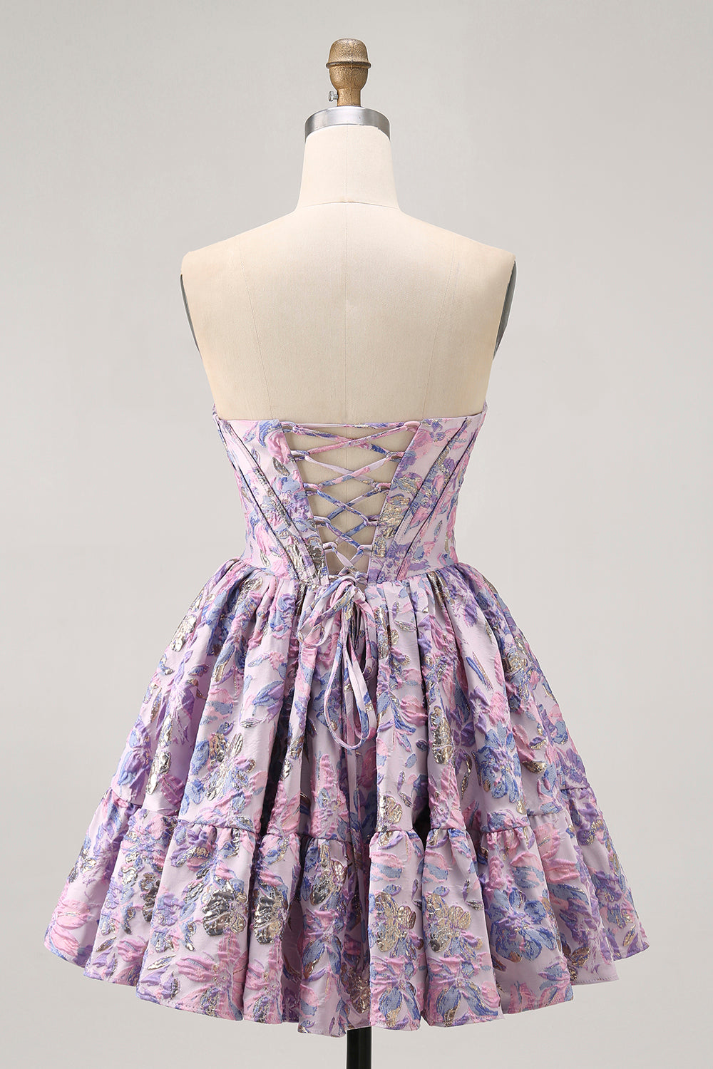 Purple Floral Printed Off the Shoulder Corset Short Homecoming Dress