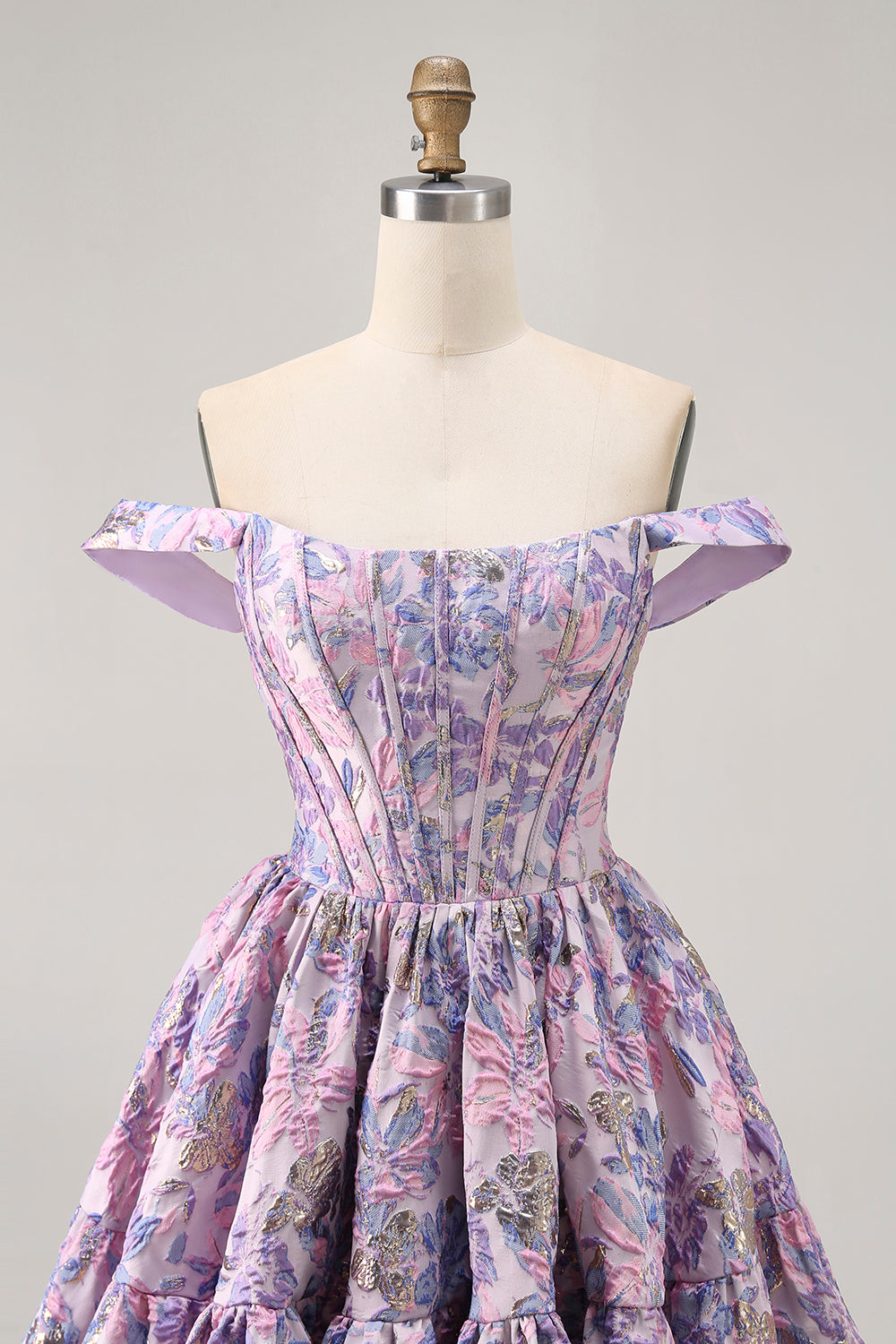 Purple Floral Printed Off the Shoulder Corset Short Homecoming Dress