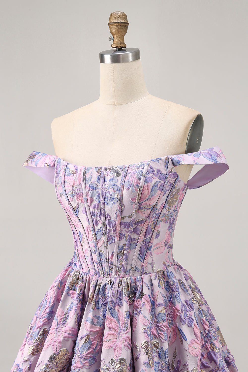 Purple Floral Printed Off the Shoulder Corset Short Homecoming Dress