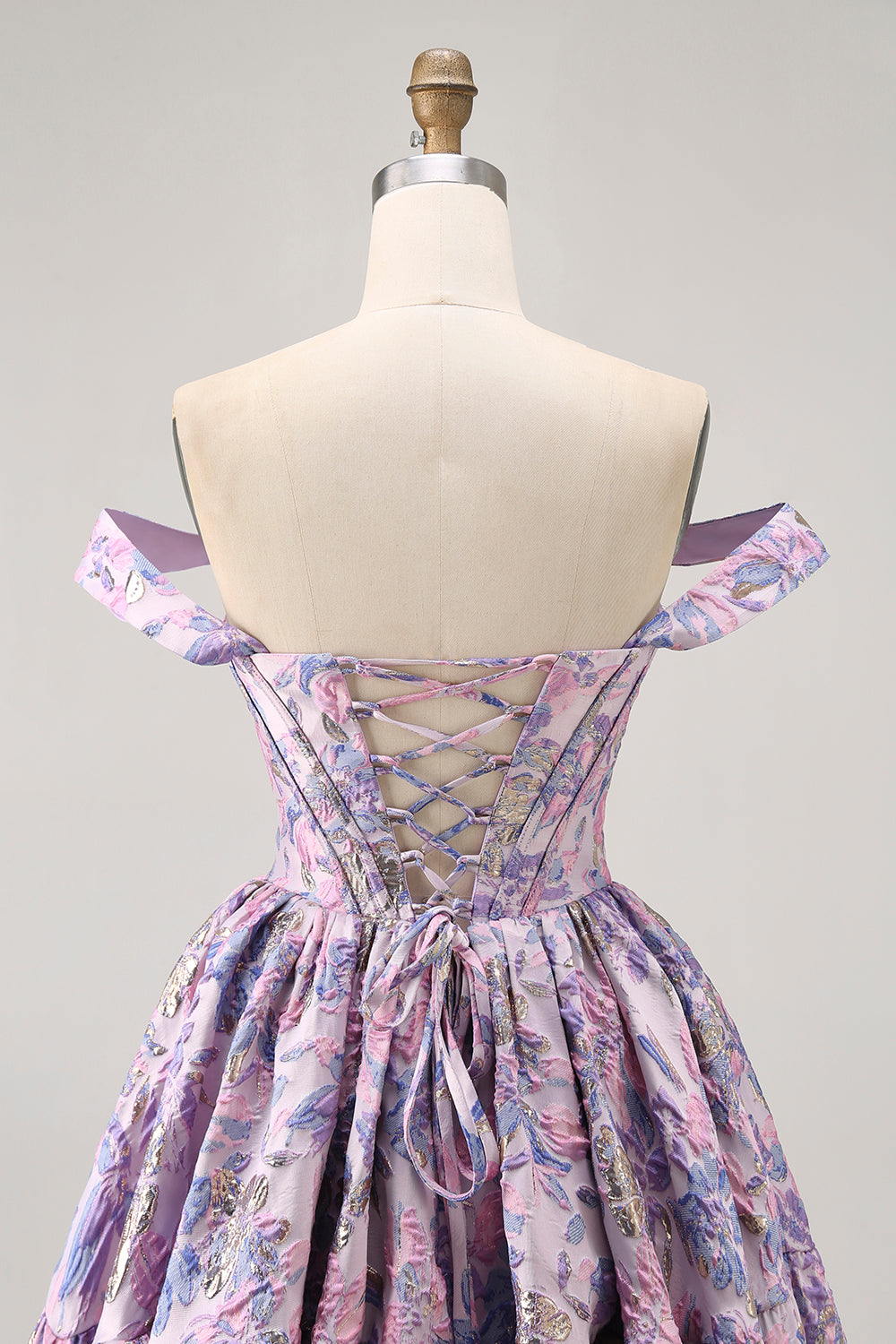 Purple Floral Printed Off the Shoulder Corset Short Homecoming Dress