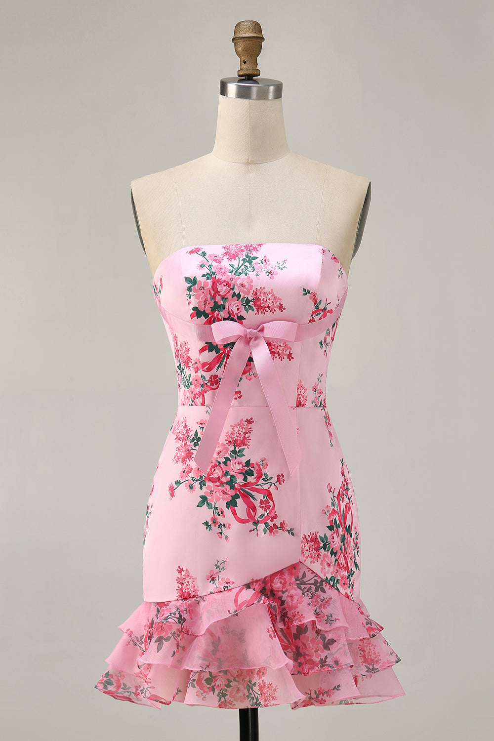 Pink Floral Strapless Tight Short Ruffled Homecoming Dress with Bow