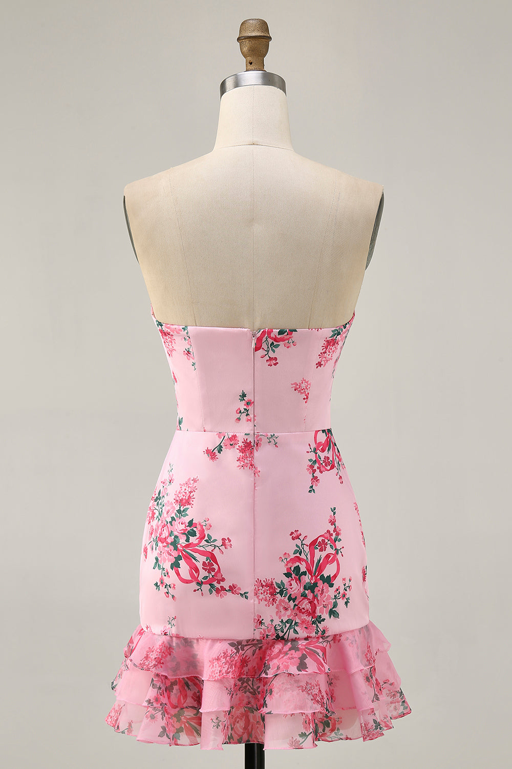 Pink Floral Strapless Tight Short Ruffled Homecoming Dress with Bow