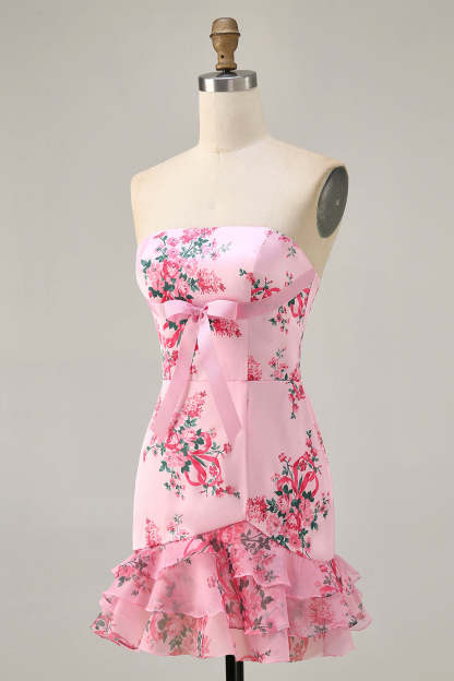 Pink Floral Strapless Tight Short Ruffled Homecoming Dress with Bow