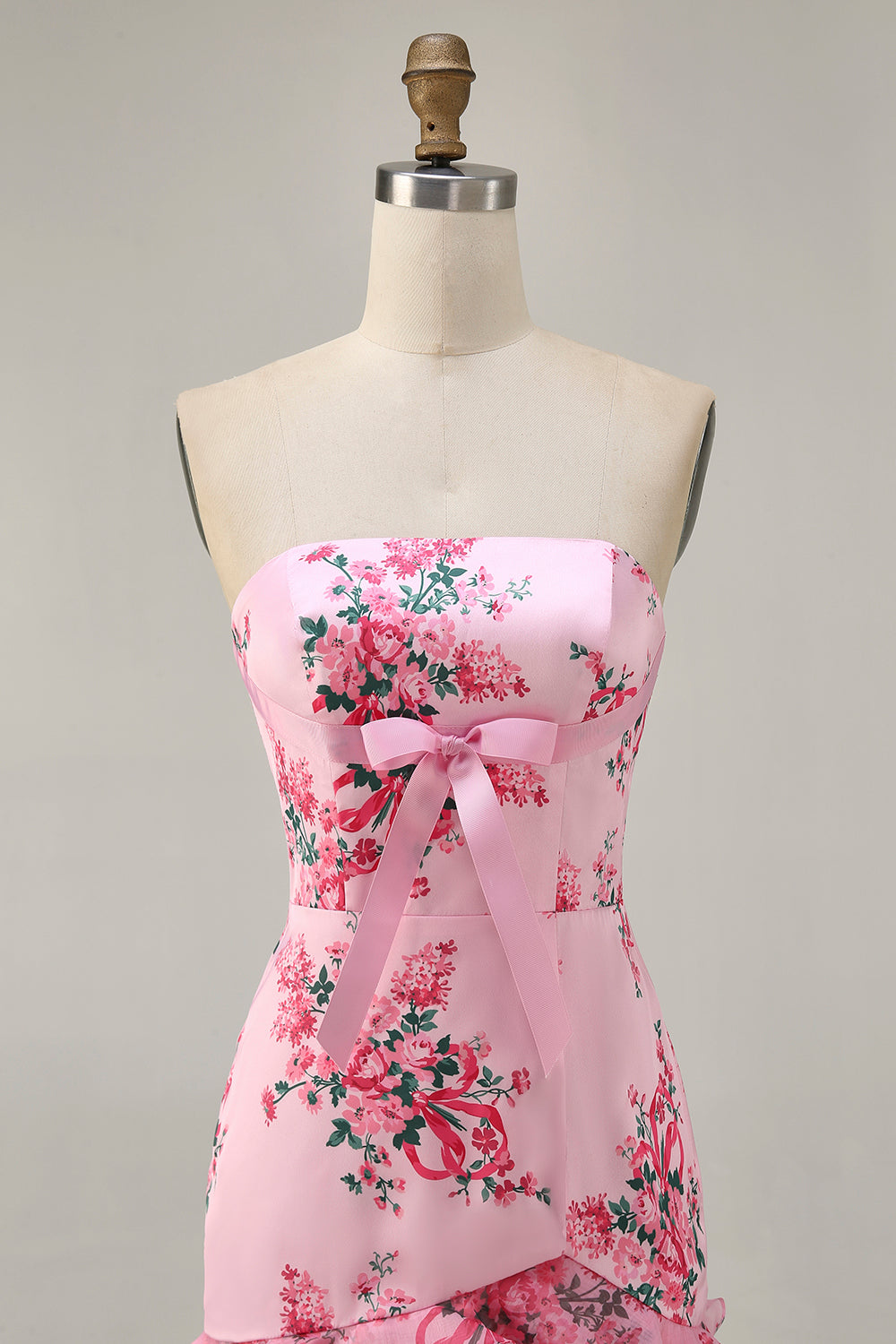 Pink Floral Strapless Tight Short Ruffled Homecoming Dress with Bow