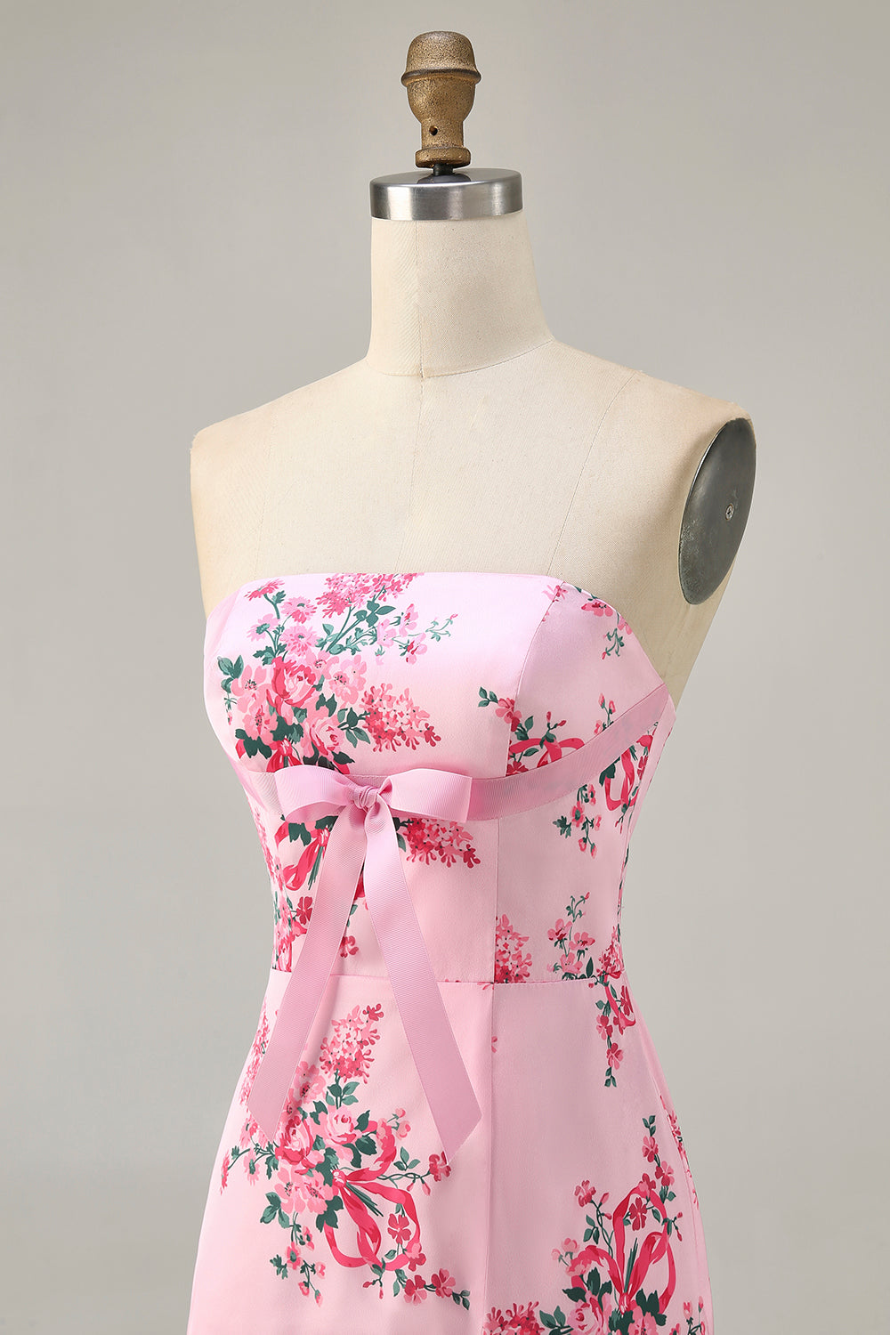 Pink Floral Strapless Tight Short Ruffled Homecoming Dress with Bow