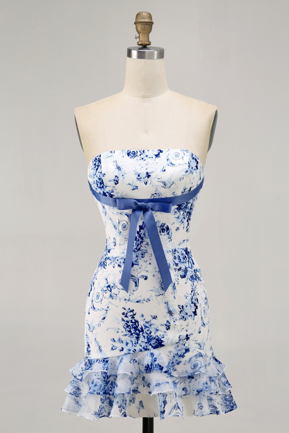 Leely Women Pink Floral Short Tight Homecoming Dress with Bow Strapless Tiered Cocktail Dress with Ruffles