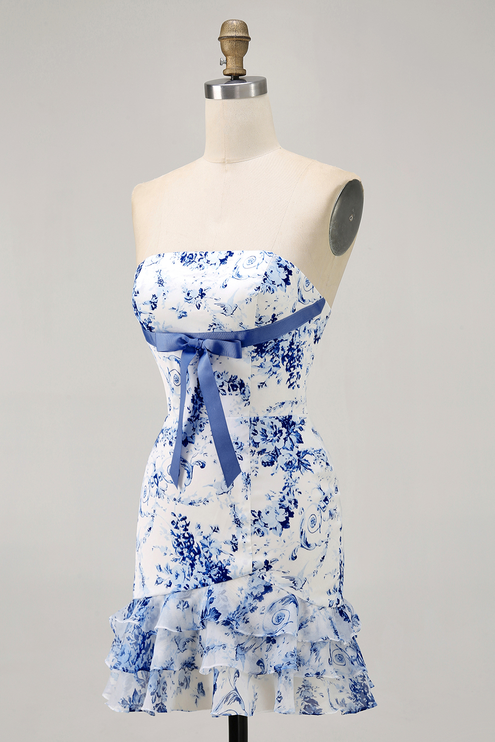 Pink Floral Strapless Tight Short Ruffled Homecoming Dress with Bow