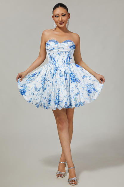 White Blue Floral Sweetheart Corset Short A Line Homecoming Dress