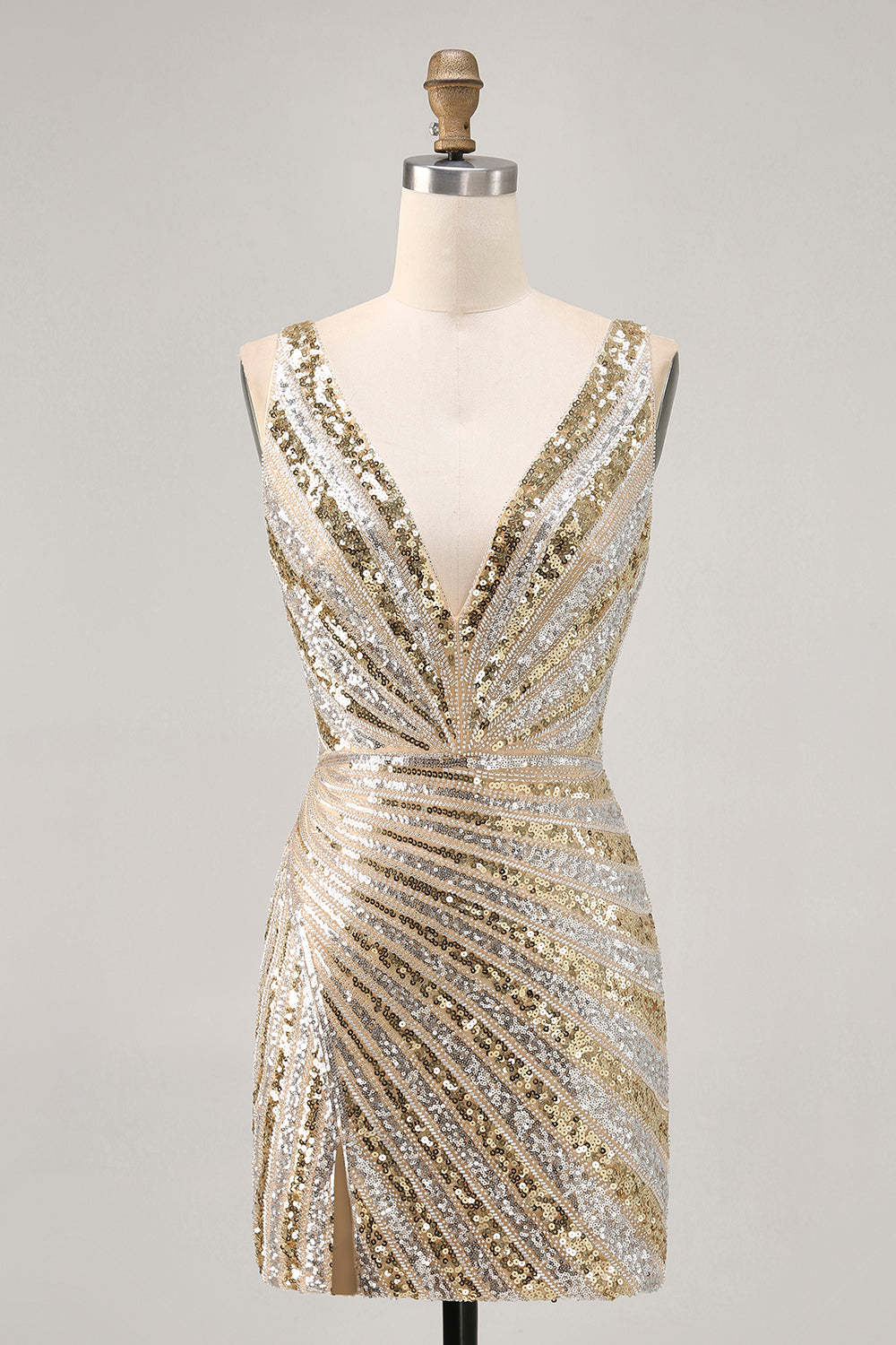 Sparkly Golden V-Neck Sequined Tight Short Homecoming Dress