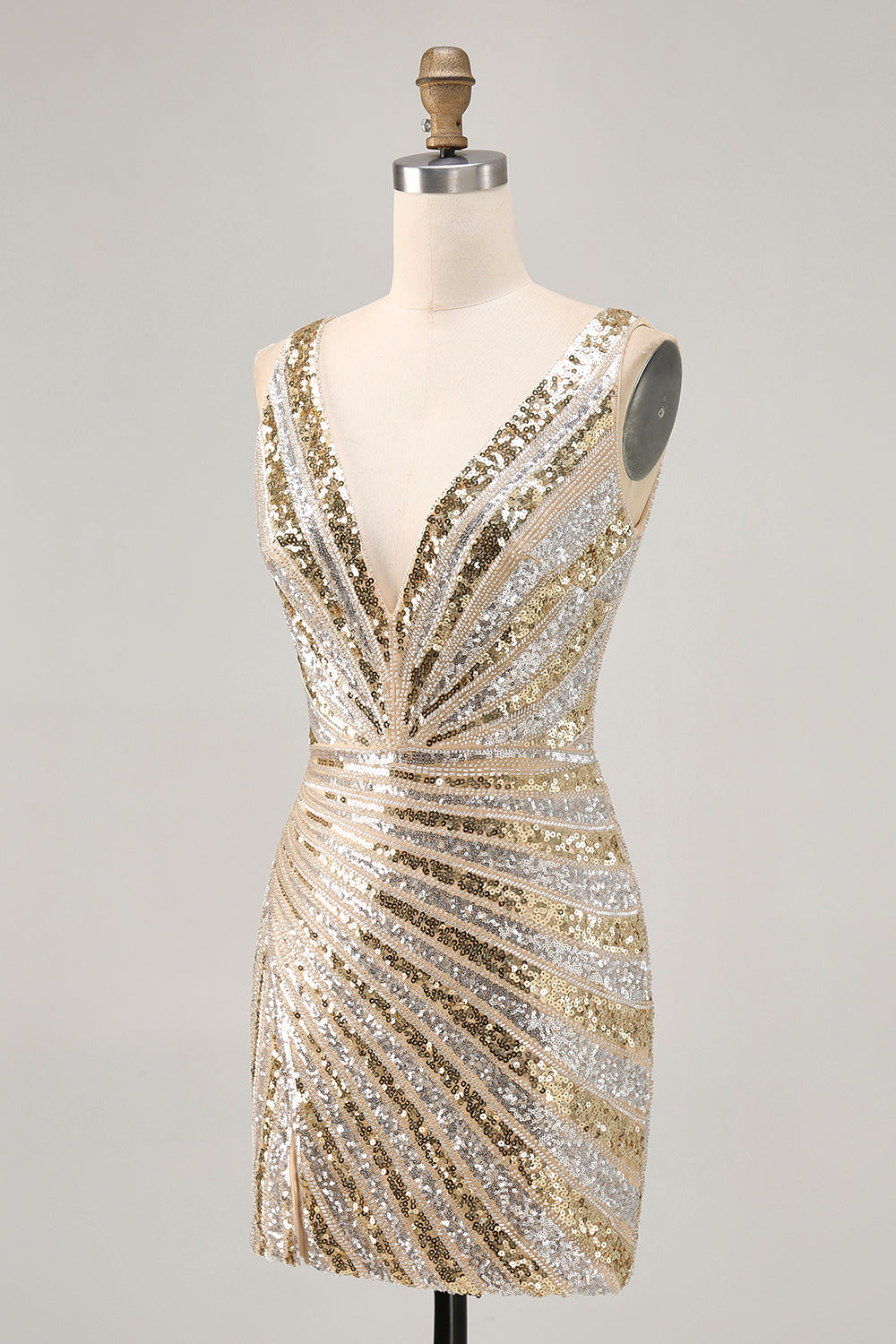 Sparkly Golden V-Neck Sequined Tight Short Homecoming Dress