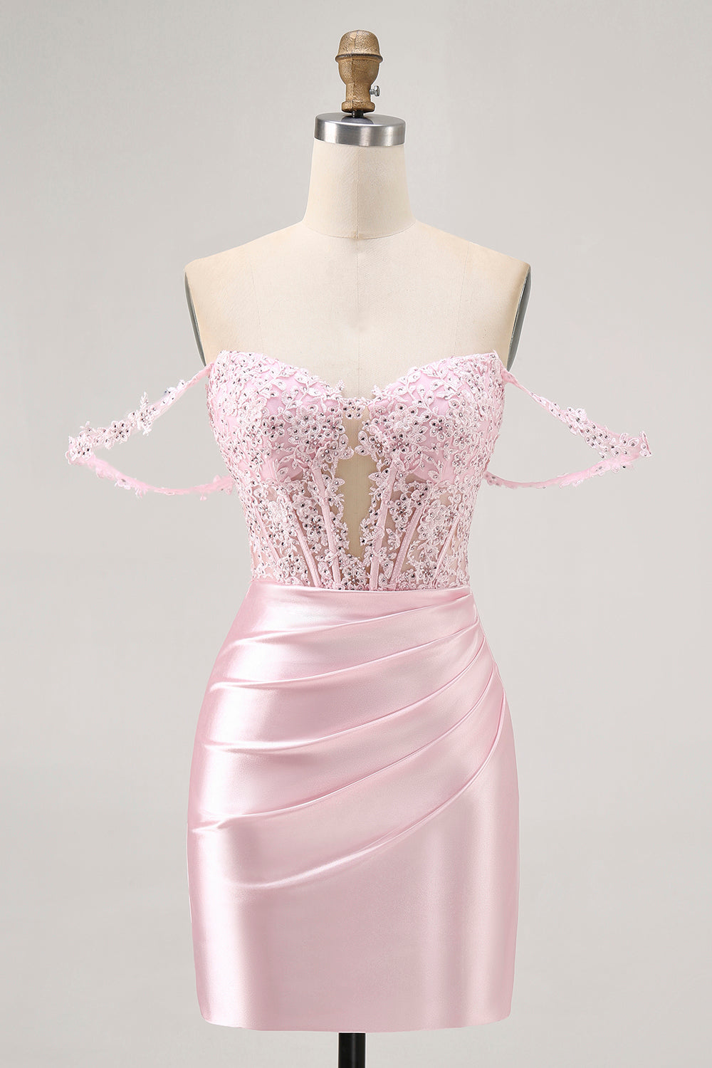 Leely Women Pink Corset Tight Short Homecoming Dress with Lace Satin Off the Shoulder Cocktail Dress with Beading