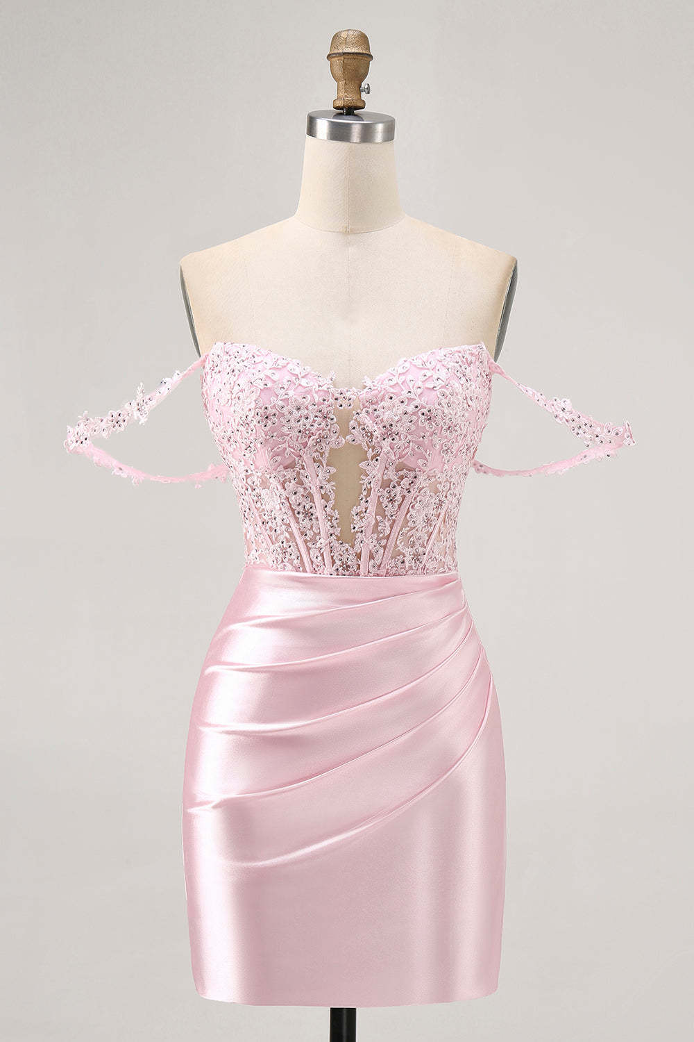 Leely Women Pink Corset Tight Short Homecoming Dress with Lace Satin Off the Shoulder Cocktail Dress with Beading