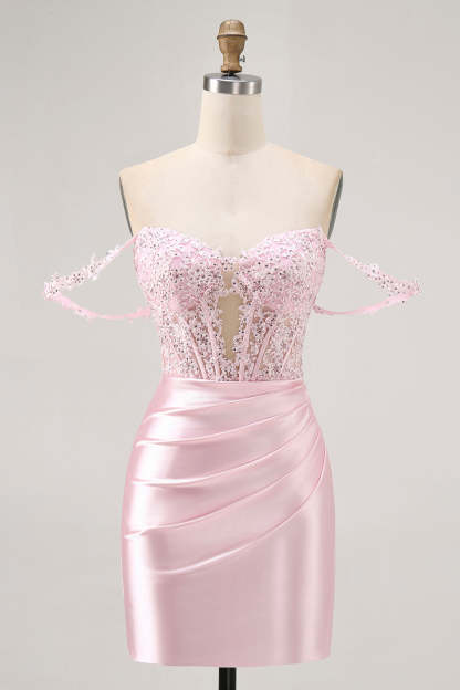 Leely Women Pink Corset Tight Short Homecoming Dress with Lace Satin Off the Shoulder Cocktail Dress with Beading