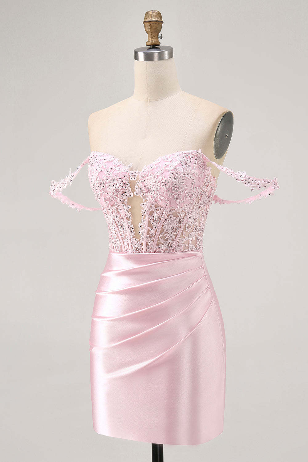 Pink Tight Corset Short Off the Shoulder Homecoming Dress with Lace
